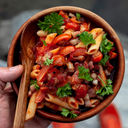 Bacon and tomato pasta with mixed beans